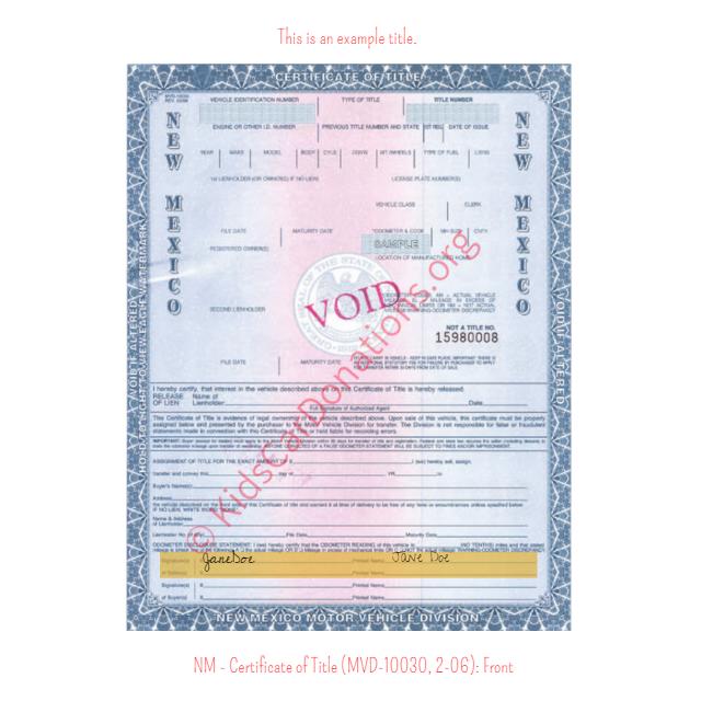 This is an Example of New Mexico Certificate of Title (MVD-10030, 2-06) Front View | Kids Car Donations